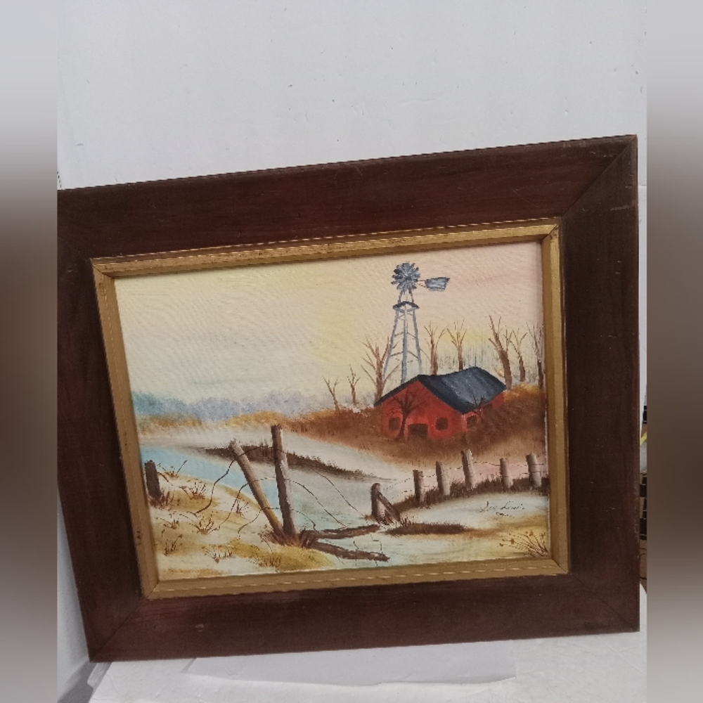 Vintage Framed Original Handpainted Wall Art Old Barn, Windmill Signed 19x16”
